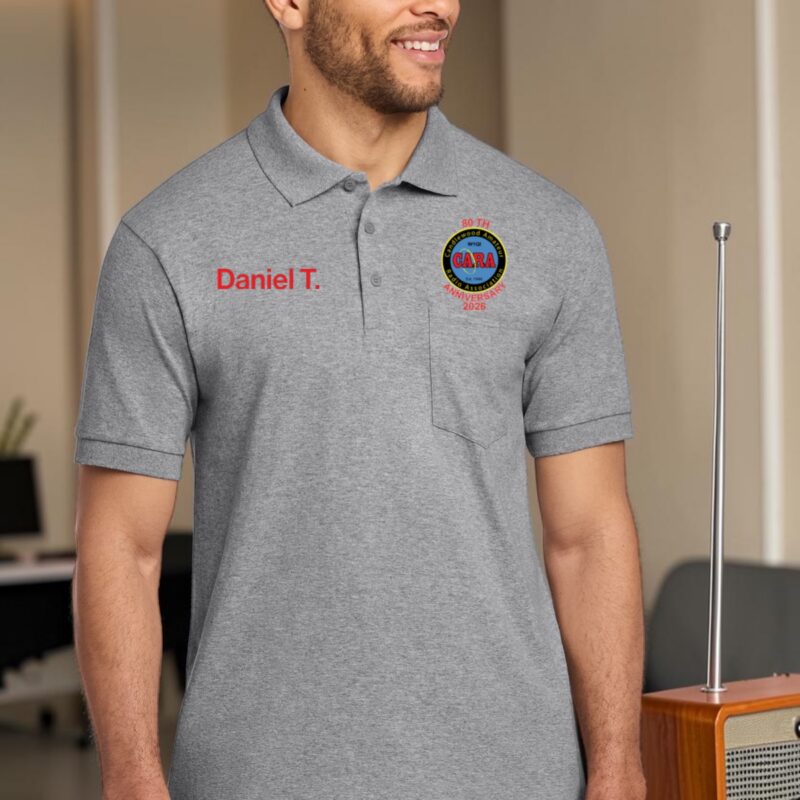 Cara Ham radio heather grey polo with logo
